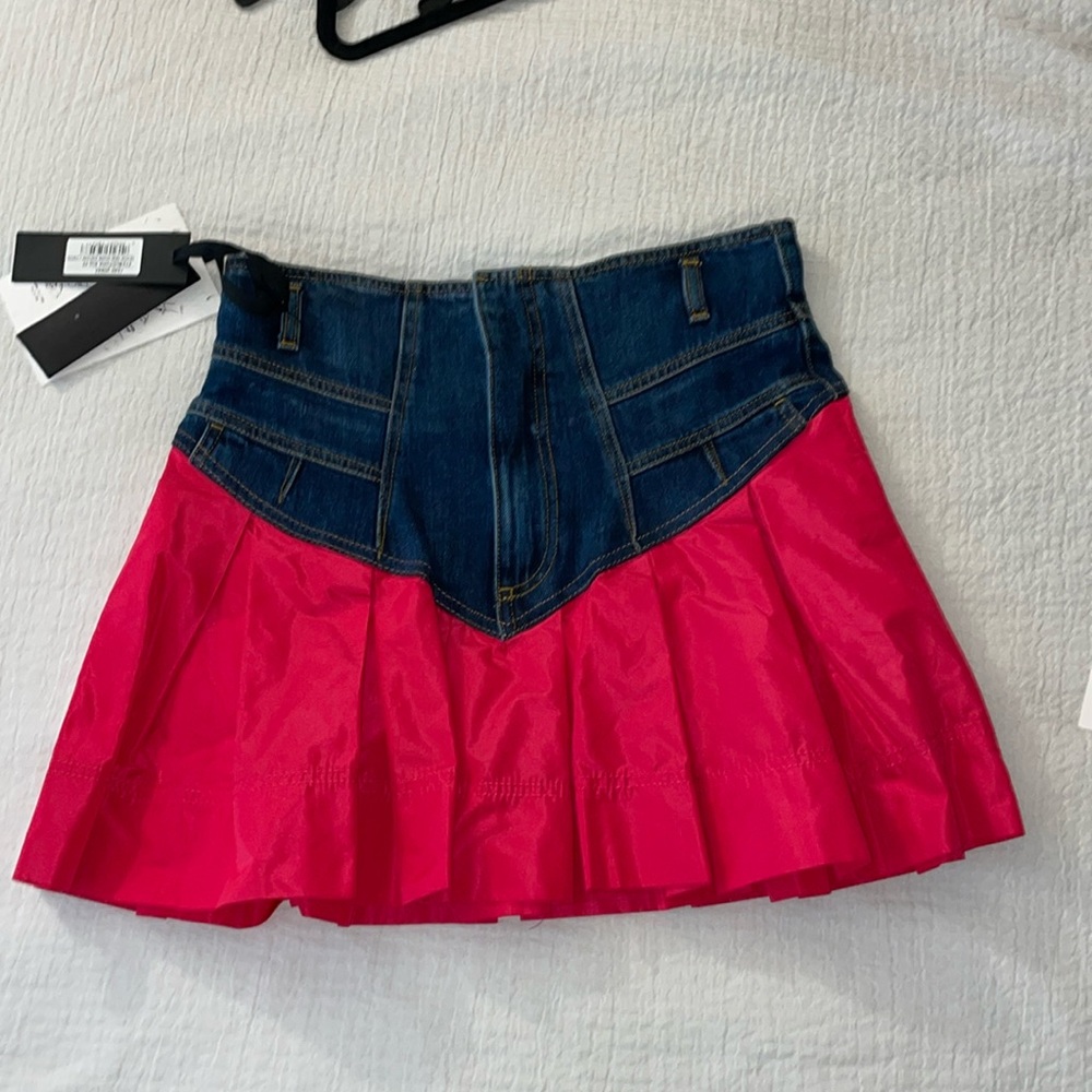 Pinko denim skirt with pleated pink bottom. Brand new